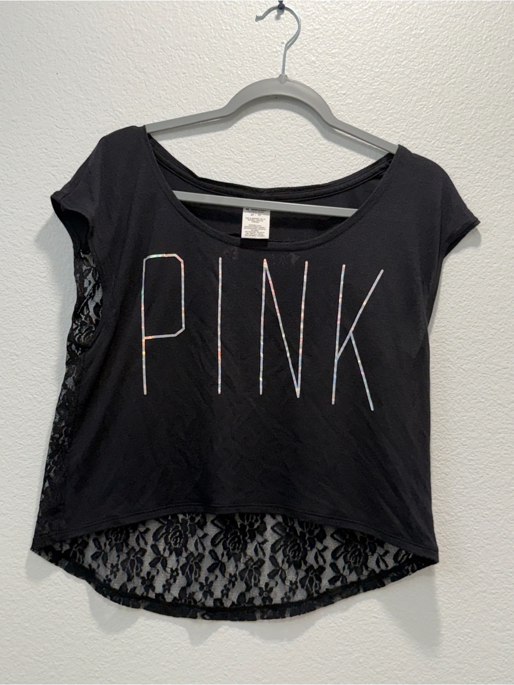PINK Victoria's Secret Black Lace-Back Crop Tee with Iridescent Logo Size XS